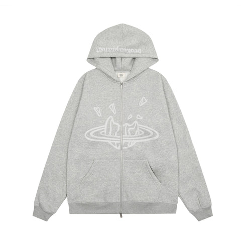 Broken Planet Puff Print Fleece Zip Up Hoodie