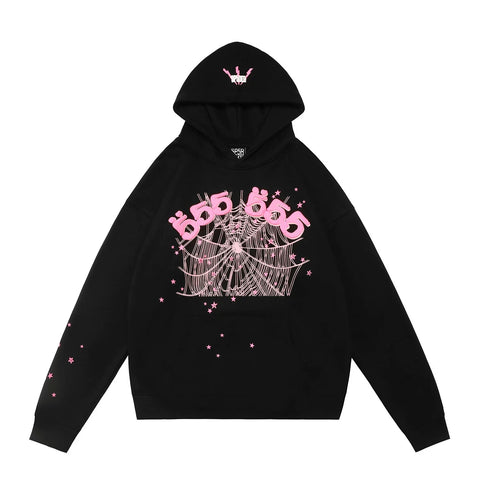 Sp5der "555 555" Pink Web Rhinestone Black Pullover Hoodie