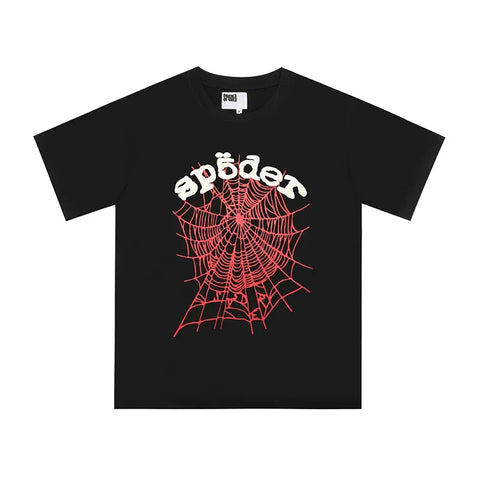 Sp5der Red Web & White Letter Graphic Black Short Sleeve T-Shirt