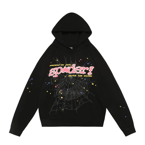 Sp5der Pink Letter & Star Web Black Pullover Hoodie