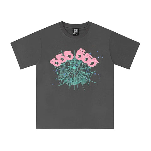 Sp5der 555 555 Teal Web & Pink Numbers Graphic Charcoal Grey Short Sleeve T-Shirt