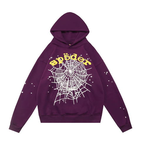 Sp5der Yellow Typography & Web Deep Purple Pullover Hoodie