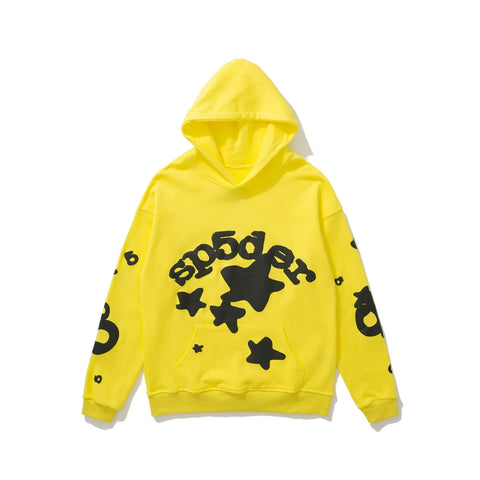 Sp5der Black Star & Foam Print Yellow Pullover Hoodie