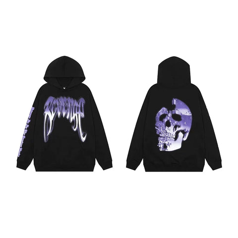 Revenge Gradient Splatter Cracked Skull Arch Logo Pullover Hoodie purple