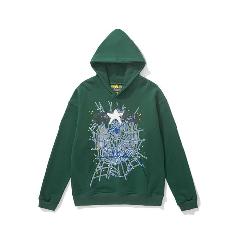 Sp5der Web Graphic Dark Green Pullover Hoodie with White Star