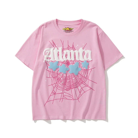 Sp5der Atlanta Web & Blue Stars Graphic Pink Short Sleeve T-Shirt