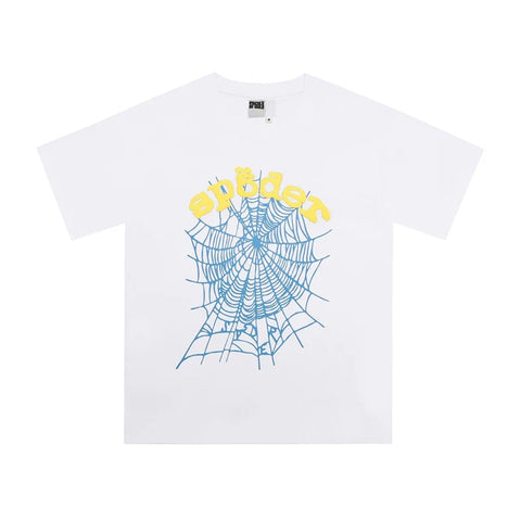 Sp5der Blue Web & Yellow Letter Graphic White Short Sleeve T-Shirt