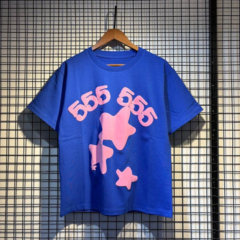 Sp5der 555 555 & Pink Stars Graphic Royal Blue Short Sleeve T-Shirt