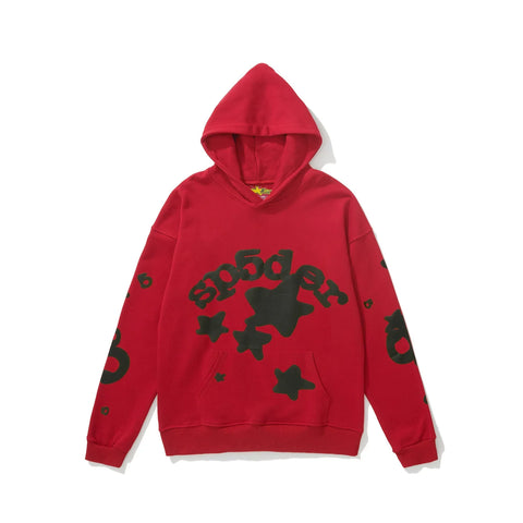 Sp5der Star Graphic Red Pullover Hoodie with Black Accents