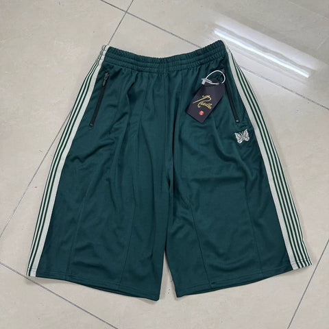 Needles Style Embroidered Butterfly Side-Tape Track Shorts - Dark Green/White