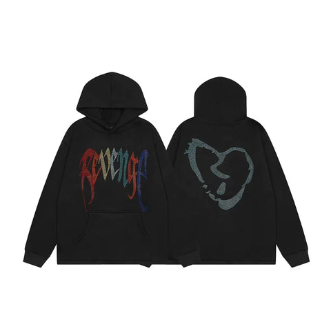 Revenge Rhinestone Broken Heart Arch Logo Pullover Hoodie
