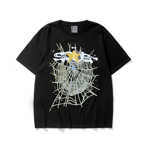 Sp5der Web & Gold Star Graphic Black Short Sleeve T-Shirt