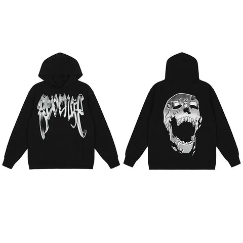 Revenge Metallic Silver 3D Screaming Skull Arch Logo Pullover Hoodie black