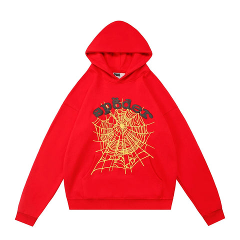 Sp5der Yellow Web Foam Print Red Pullover Hoodie