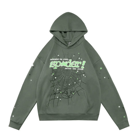 Sp5der "sp5der!" Spider Web Foam Print Rhinestone Army Green Pullover Hoodie